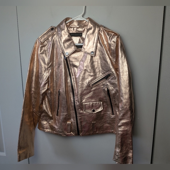 ZARA Women Jacket Simili Leather Size XL Pink Glossy Color Bikercore Style - Picture 2 of 11